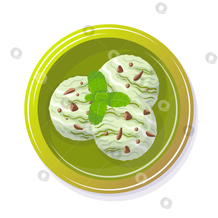 Скачать Шарики мятно-зеленого мороженого с шоколадной крошкой и листьями. Холодный летний десерт в тарелке, выделенный на белом фоне, вид сверху. Векторная иллюстрация еды для кафе, меню, элементов дизайна фотосток Ozero