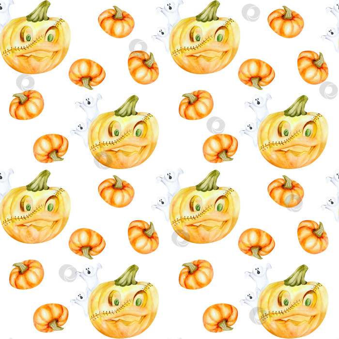 Скачать Осенние оранжевые тыквы с белым бесшовным акварельным рисунком "страшный призрак". Страшный фон на Хэллоуин для упаковки, оберточной бумаги, дизайна канцелярских принадлежностей. вечеринка с подарками или угощениями фотосток Ozero