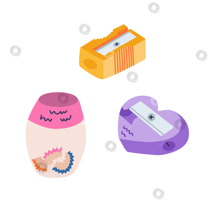 Скачать Симпатичный рисованный набор точилок для карандашей с лезвием для рисования, учебы, работы. Мультяшные канцелярские принадлежности "Назад в школу" для бритья и заточки карандашей. Векторный красочный клипарт школьных принадлежностей. фотосток Ozero
