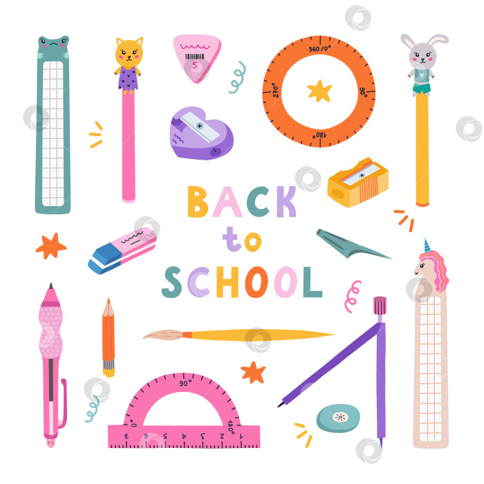 Скачать Симпатичный рисованный набор канцелярских принадлежностей back to school в мультяшном стиле. Набор включает линейки, транспортир, циркуль, ластики, точилки, шариковую ручку, закладки. Школьные принадлежности для учебы, рисования и работы. фотосток Ozero