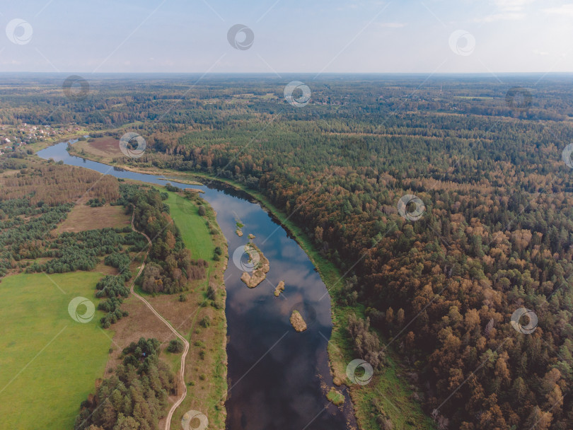 Скачать Полет над рекой, река в лесу с высоты птичьего полета фотосток Ozero