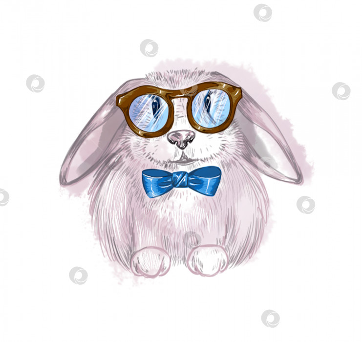 Скачать Милый мультяшный розовый кролик в очках и галстуке-бабочке. Изолированный на белом фоне фотосток Ozero