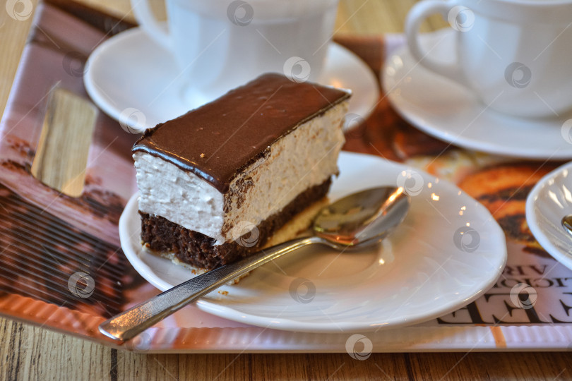Скачать Торт "Волга" на тарелке с ложкой, торт со взбитыми сливками и шоколадной глазурью фотосток Ozero