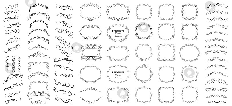 Скачать Большой набор векторных графических элементов для дизайна. Декоративные завитки, винтажные рамки, завитушки, этикетки и разделители. Векторная иллюстрация в стиле ретро фотосток Ozero