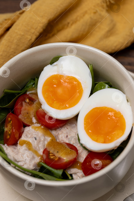 Скачать Легкий полезный салат с тунцом, шпинатом, помидорами и вареным яйцом фотосток Ozero