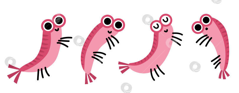 Скачать Набор векторных иконок креветок. Иллюстрация "Под водой" с милыми забавными рыбками-креветками. Клипарт с изображением океанских животных. Мультяшные картинки с изображением подводных, морских, русалочьих раков для детей, выделенные на белом фоне фотосток Ozero