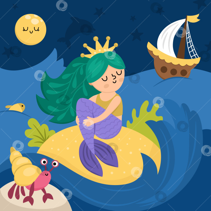 Скачать Векторная пейзажная иллюстрация с изображением русалки с зелеными волосами, ночного неба, корабля на океанских волнах. Морская сцена с морской принцессой, сидящей на песчаном острове. Милый квадратный сказочный фон для детей фотосток Ozero
