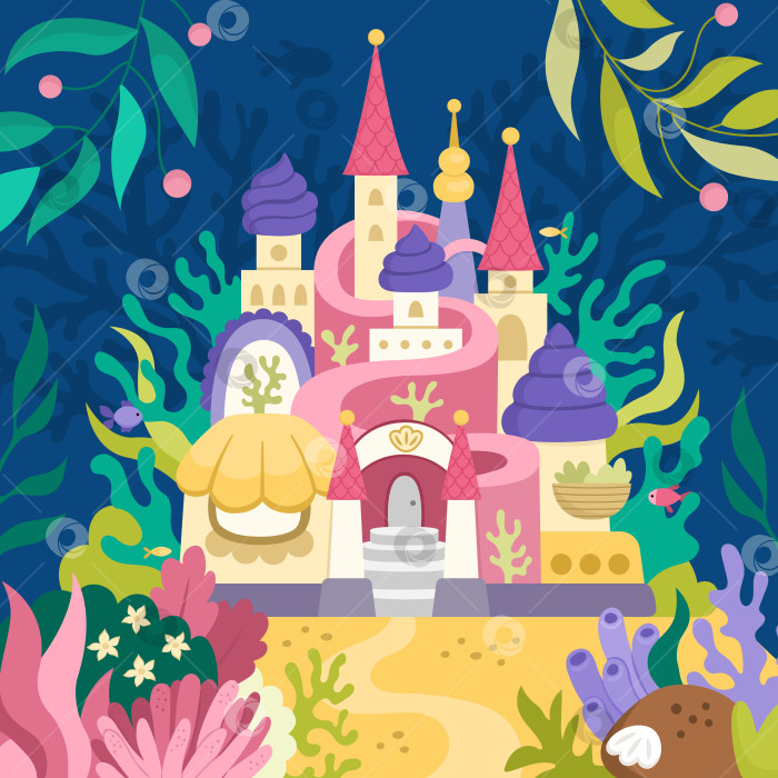 Скачать Векторная пейзажная иллюстрация с замком русалки. Сцена океана или морского королевства с водорослями, рыбами, кораллами, дворцом морской принцессы на морском дне. Милый квадратный сказочный фон для детей фотосток Ozero
