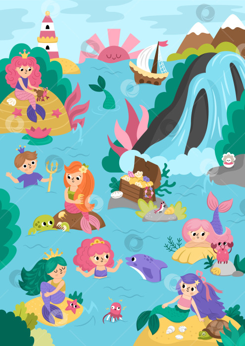 Скачать Векторная иллюстрация пейзажа земли русалок. Морской принц и принцессы на фоне лагуны с водопадом, скалами, сундуком с сокровищами. Вертикальная сцена сказочного океанского королевства фотосток Ozero