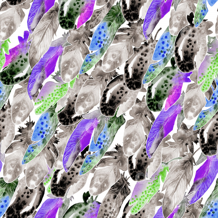 Скачать Акварельный узор из птичьих перьев. Бесшовная текстура с нарисованными от руки яркими перьями фотосток Ozero