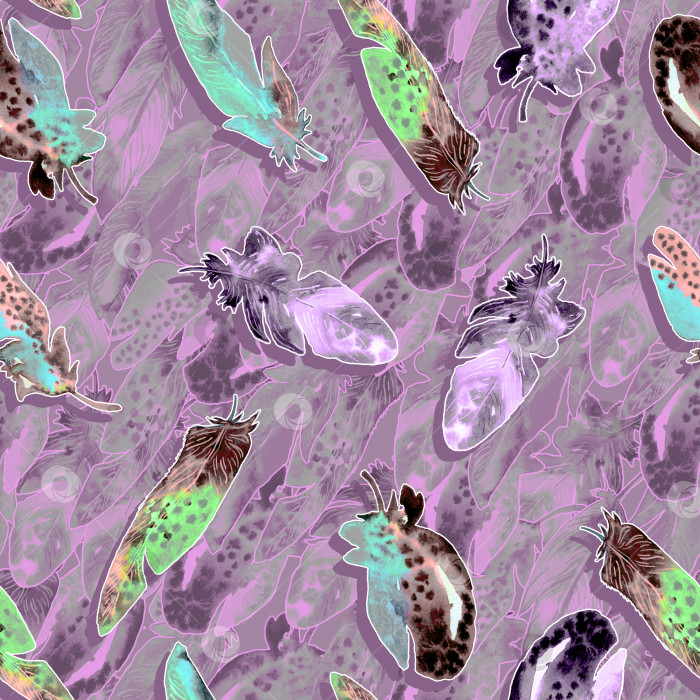 Скачать Акварельный узор из птичьих перьев. Бесшовная текстура с нарисованными от руки перьями на фиолетовом фоне фотосток Ozero