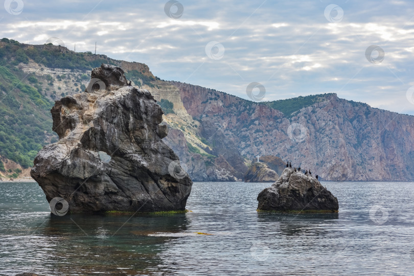 Скачать скалистый берег Черного моря, пейзаж со скалами на берегу моря, скалы, торчащие из моря фотосток Ozero