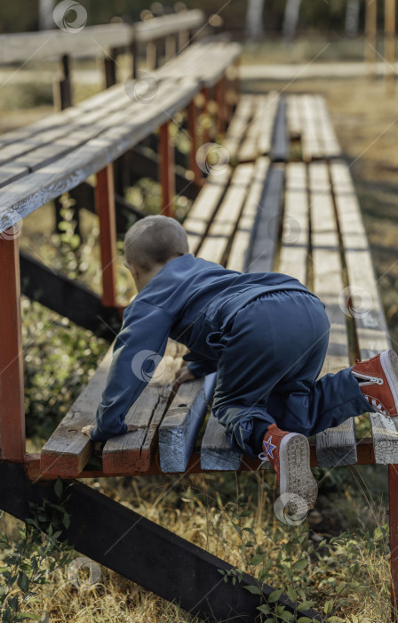 Скачать маленький мальчик забирается на скамейку осенним днем в парке фотосток Ozero