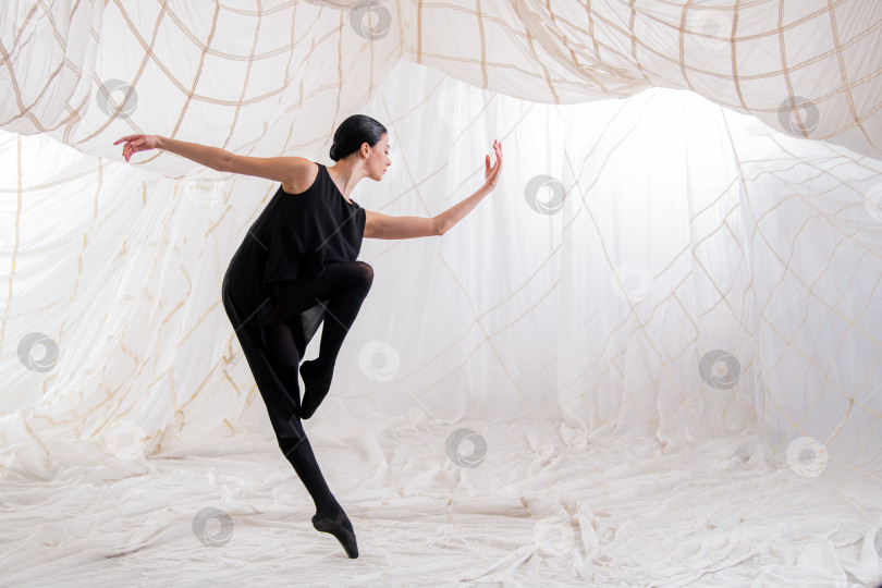 Скачать Балерина-танцовщица в черном костюме танцует на белом фоне фотосток Ozero