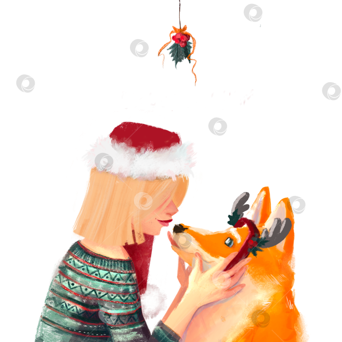 Скачать Девушки с собакой под пуансеттией, иллюстрация на прозрачном фоне. Рождество и Новый год. Мультяшный дизайн. фотосток Ozero