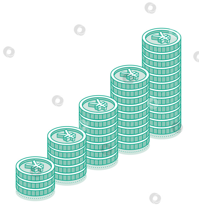Скачать Изометрические стопки монет в иенах. трехмерные наличные деньги. Контурные объекты, выделенные на белом фоне. Значок или символ. Зеленый цвет. фотосток Ozero