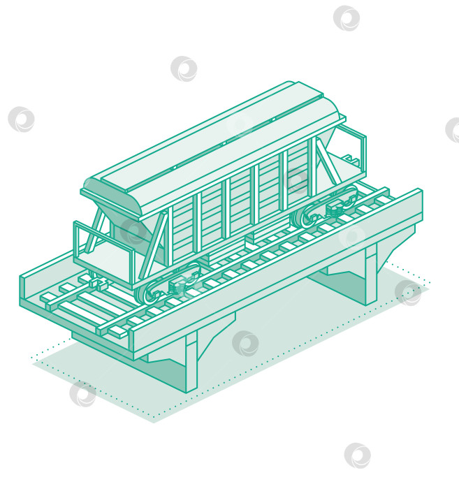 Скачать Изометрический вагон-хоппер на мосту. Объект, выделенный на белом фоне. Железнодорожный. Грузовой вагон для перевозки цемента, зерна и других сыпучих грузов или товаров широкого потребления. Вагон на рельсах. фотосток Ozero