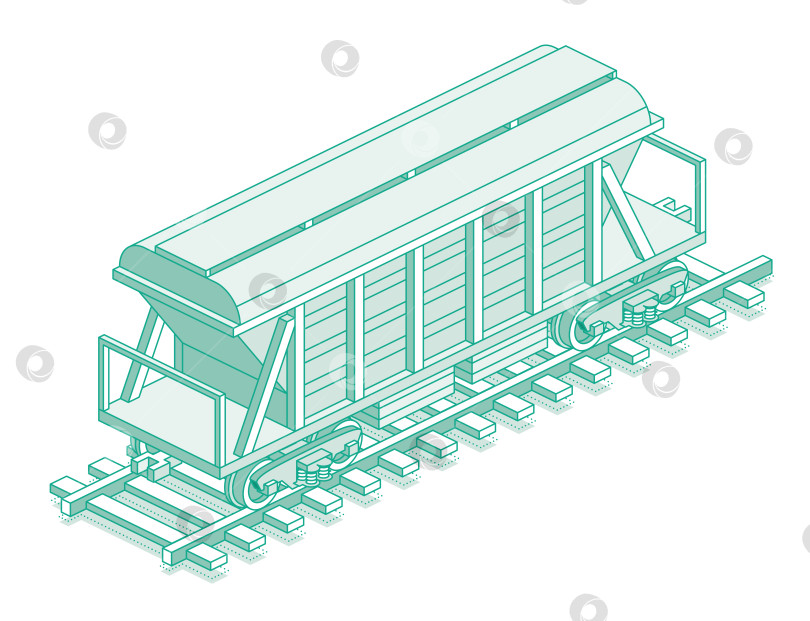 Скачать Изометрический вагон-хоппер. Объект, выделенный на белом фоне. Железнодорожный. Грузовой вагон для перевозки цемента, зерна и других сыпучих грузов или товаров широкого потребления. Вагон на рельсах. фотосток Ozero