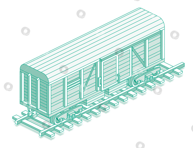 Скачать Изометрический грузовой железнодорожный вагон. Объект, выделенный на белом фоне. Железнодорожный. Вагон на рельсах. Грузовой товарный вагон. Промышленные железнодорожные перевозки. фотосток Ozero