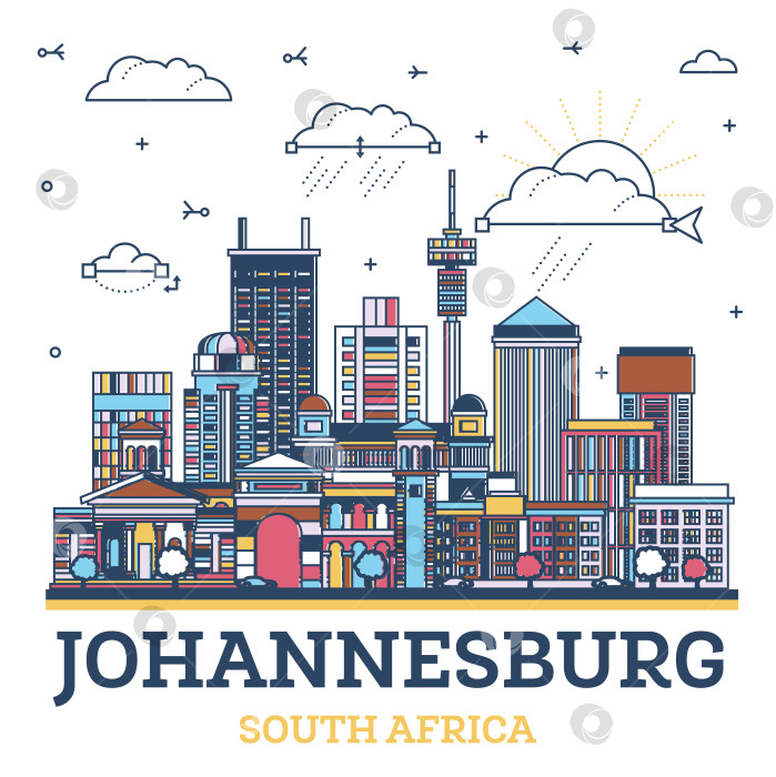 Скачать Обрисуйте городской пейзаж Йоханнесбурга, Южная Африка, с помощью цветных современных и исторических зданий, выделенных белым цветом. Городской пейзаж Йоханнесбурга с достопримечательностями. фотосток Ozero