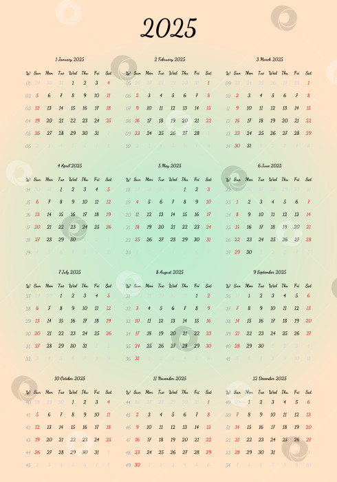 Скачать Дизайн годового календаря на 2025 год, одна страница, неделя начинается в субботу, с модным радиальным градиентом фотосток Ozero