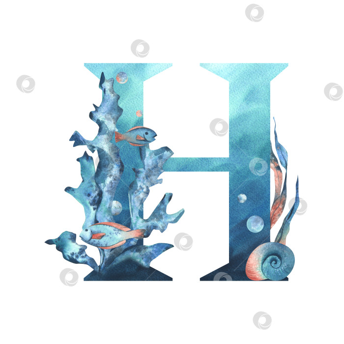 Скачать Заглавная буква H, часть латинского алфавита, оформлена в водной тематике с использованием кораллов, ракушек, водорослей, пузырьков, синего и кораллового цветов. Иллюстрация выполнена акварелью от руки. Элемент, выделенный на фоне. фотосток Ozero