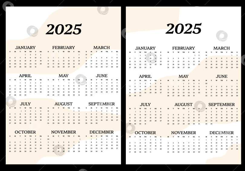 Скачать Календарь на 2025 год. Лаконичный минималистский дизайн. Неделя начинается в двух вариантах: в воскресенье и в понедельник. Идеально подходит для планировщиков, настольных календарей, настенных календарей, печатных ИЗДАНИЙ, рекламы, канцелярских принадлежностей фотосток Ozero