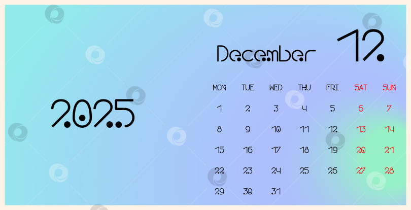 Скачать Шаблон календаря на декабрь 2025 года. Модный градиентный фон. Неделя начинается в понедельник. Идеально подходит для планировщиков, настольных календарей, настенных календарей, печатных ИЗДАНИЙ, рекламы и офисных принадлежностей фотосток Ozero