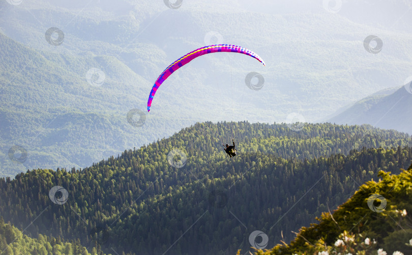 Скачать Спортсмен на параплане над фоне гор и зеленых холмов фотосток Ozero