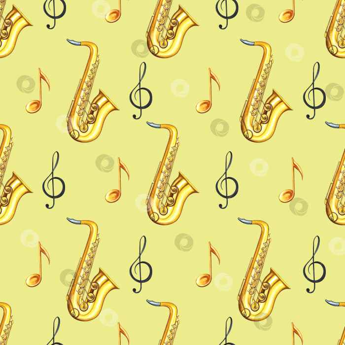 Скачать Музыкальный бесшовный узор с саксофонами и нотами. Акварельная иллюстрация выполнена вручную. На желтом фоне. Для текстиля, упаковочной бумаги, полиграфии и многого другого. фотосток Ozero
