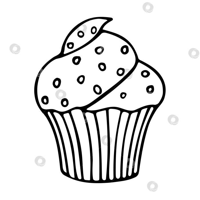 Скачать Симпатичный кекс в стиле каракули без начинки, с декоративным кремом и посыпкой. Векторная иллюстрация еды, нарисованная вручную, для дизайна плакатов. Изолированный на белом фоне. фотосток Ozero