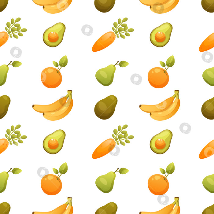 Скачать Бесшовный фон из авокадо, банана, апельсина, моркови и груши. Органическая растительная пища, здоровое питание, здоровый образ жизни, диетические продукты. Векторный рисунок вегетарианской пищи на белом фоне. фотосток Ozero