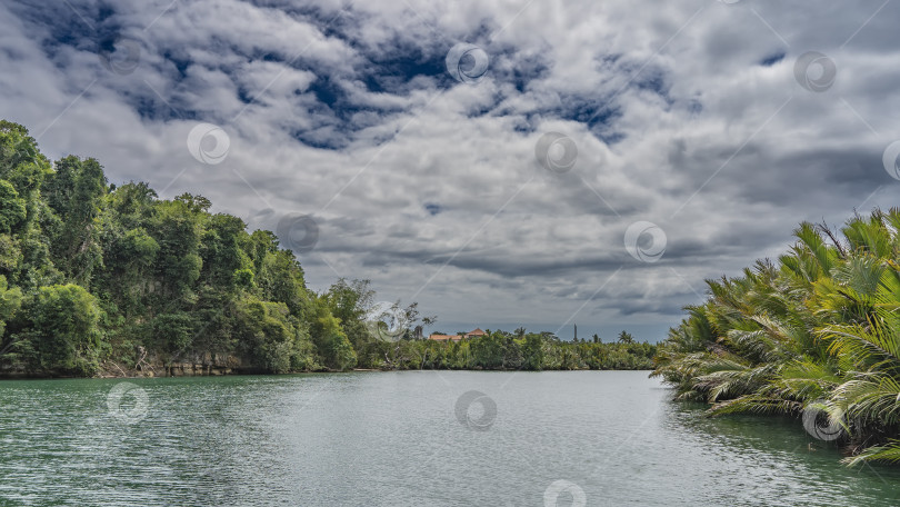 Скачать Спокойная тропическая река. Русло реки изгибается. фотосток Ozero