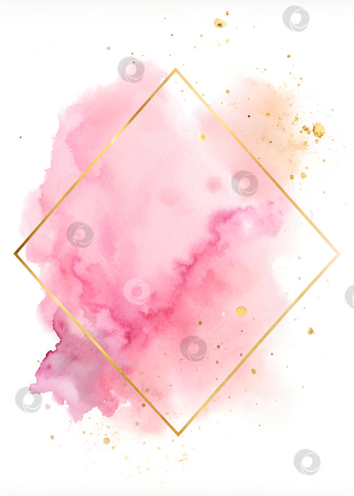 Скачать Красивое светло-розовое акварельное пятно, размытое по диагонали, и прямоугольная золотистая рамка по периметру области фотосток Ozero