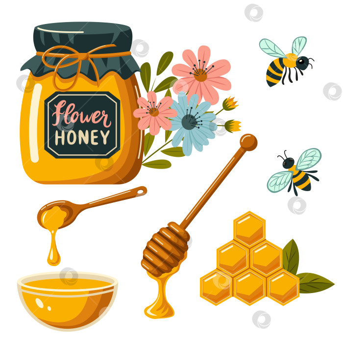 Скачать Векторная иллюстрация набора пчелиного меда. Мультяшная коллекция сладких продуктов для пчеловодческой фермы с пчелиными сотами, стеклянной банкой и ложкой с желтой жидкостью, насекомым-пчел фотосток Ozero