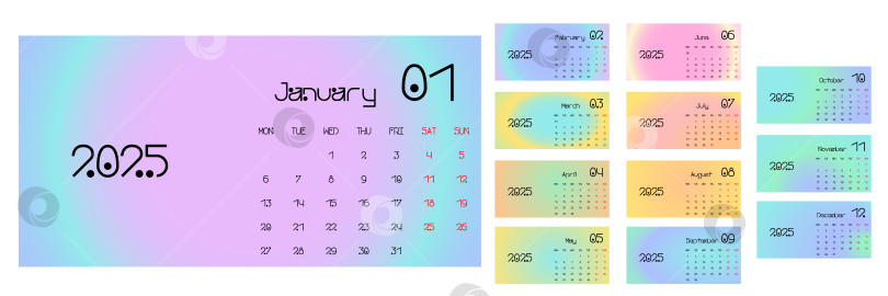 Скачать шаблон календаря на 2025 год. Модный градиентный фон. Неделя начинается в понедельник. Идеально подходит для планировщиков, настольных календарей, настенных календарей, печатных ИЗДАНИЙ, рекламы и офисных принадлежностей фотосток Ozero