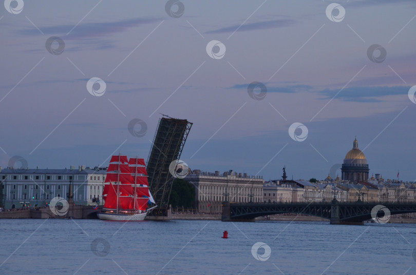 Скачать Санкт-Петербург, Россия – 06.12.2024: Бриг Россия с развернутыми парусами алого цвета на фоне разведенного Троицкого моста на репетиции праздника для выпускников Алые паруса в Санкт-Петербурге в июне 2024 фотосток Ozero