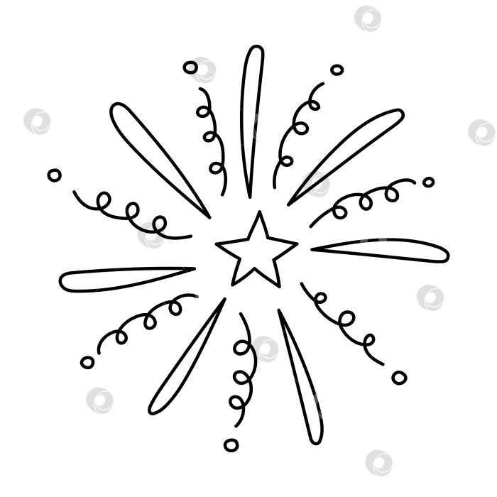 Скачать Симпатичный фейерверк в виде каракулей со звездами для праздников, торжеств и фестивали. Нарисуйте сверкающий салют в знак Дня независимости, 4 июля, свободы. Черно-белая иллюстрация, нарисованная от руки. фотосток Ozero