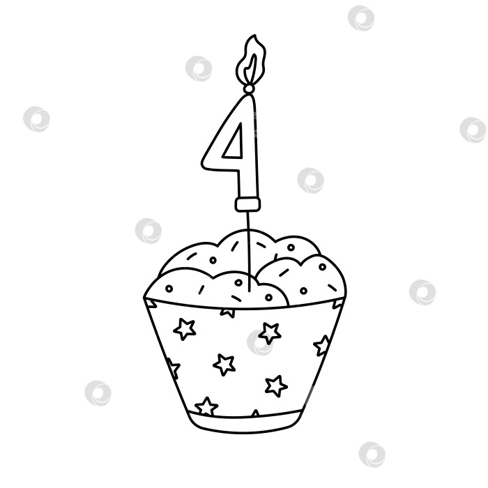 Скачать Симпатичный кекс с нарисованными каракулями и зажженной свечой с номером четыре. Нарисуйте кекс с глазурью в знак празднования Дня независимости, 4 июля, свободы и демократии. Черно-белая иллюстрация, нарисованная от руки, изолирована. фотосток Ozero