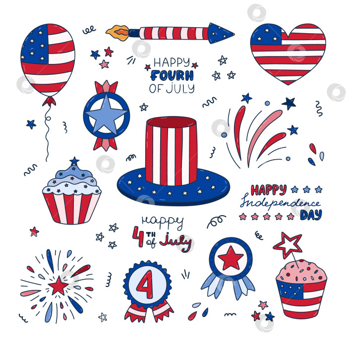 Скачать Симпатичный набор с красочными патриотическими символами Дня независимости США. Фейерверк, шляпа дяди Сэма, медаль, кекс, воздушные шары, флаг, надписи и т.д. Национальные знаки на 4 июля, нарисованные от руки. фотосток Ozero