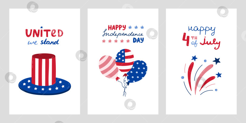 Скачать Набор плакатов на День независимости США с нарисованными от руки надписями и мультяшным клипартом. Милые нарисованные от руки национальные символы 4 июля. Фейерверк, воздушный шар, шляпа дяди Сэма в цветах американского флага. фотосток Ozero