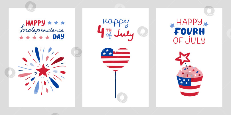 Скачать Набор плакатов на День независимости США с нарисованными от руки надписями и мультяшным клипартом. Милые, нарисованные от руки национальные символы 4 июля. Фейерверк, сердечко с флагом США, кекс со звездой. фотосток Ozero