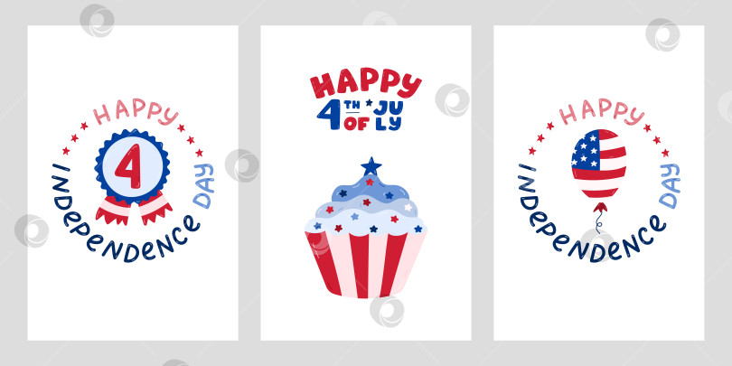 Скачать Набор плакатов на День независимости США с нарисованными от руки надписями и мультяшным клипартом. Милые, нарисованные от руки национальные символы 4 июля. Воздушный шар с американским флагом, значок в виде звезды, кекс в цветах США. фотосток Ozero