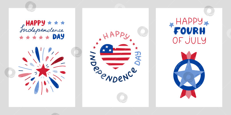 Скачать Набор плакатов на День независимости США с нарисованными от руки надписями и мультяшным клипартом. Милые нарисованные от руки национальные символы 4 июля. Фейерверк, значок в виде звезды, сердце с американским флагом в цветах США. фотосток Ozero