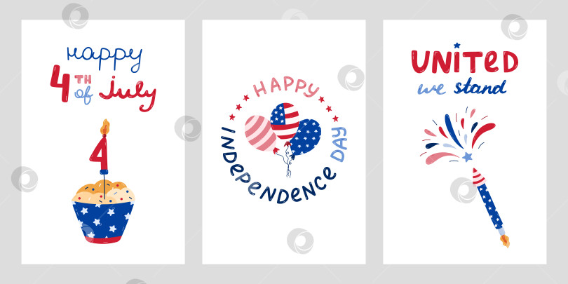 Скачать Набор плакатов на День независимости США с нарисованными от руки надписями и мультяшным клипартом. Милые нарисованные от руки национальные символы 4 июля. Фейерверк с ракетой, связка воздушных шаров, кекс в цветах флага США. фотосток Ozero