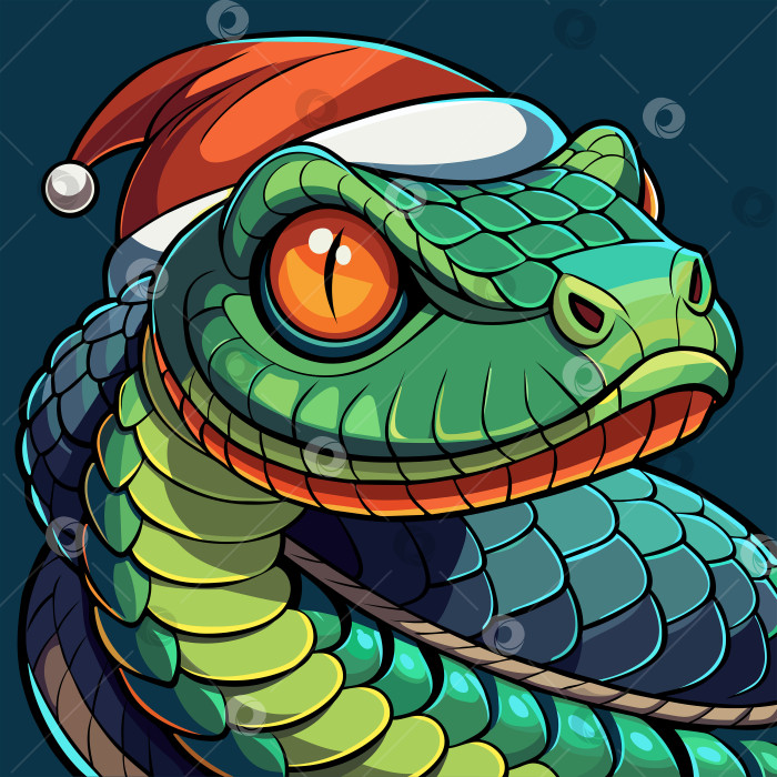 Скачать Реалистичная зеленая змея с большими глазами в шапке Деда Мороза, символ года, праздничного настроения фотосток Ozero