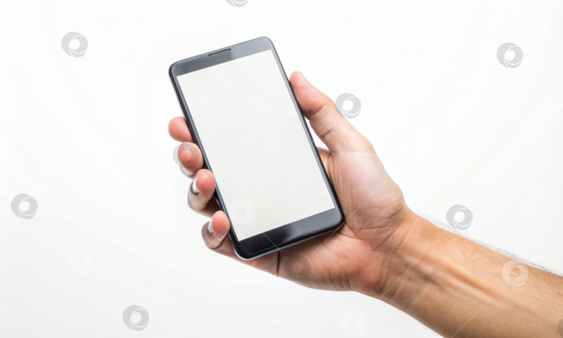 Скачать Мужчина держит смартфон на раскрытой ладони на светлом фоне. Искусственный интеллект фотосток Ozero