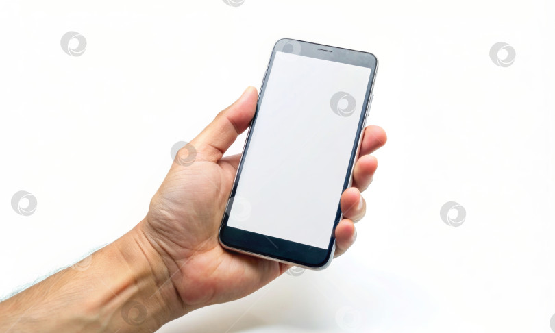 Скачать Мужчина держит смартфон вертикально на раскрытой ладони на светлом фоне фотосток Ozero