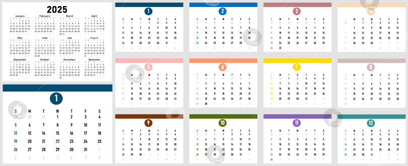 Скачать Набор из 12 красочных страниц календаря на 2025 год. Каждая неделя начинается в воскресенье. Идеально подходит для планировщиков, настольных календарей, настенных календарей, печатных ИЗДАНИЙ, рекламы и канцелярских принадлежностей фотосток Ozero