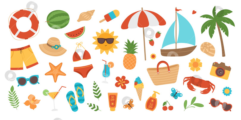 Скачать Набор красочных летних элементов. Пляжная коллекция с купальниками, шляпами, солнцезащитными очками, пальмами, коктейлями, фруктами, мороженым и другими наклейками. Тропические каникулы, праздник. Векторная иллюстрация, изолированная на белом фоне фотосток Ozero